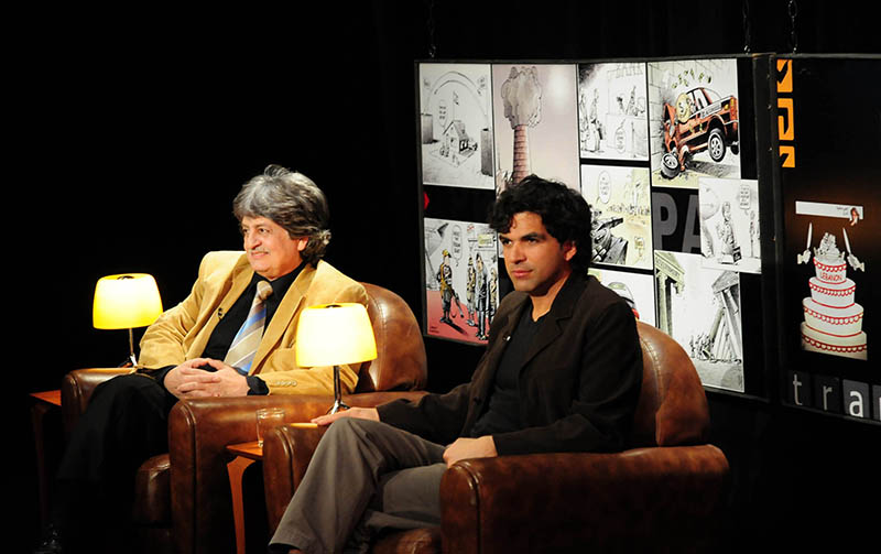  Les dessinateurs Stavro et Chappatte présentent sur Future TV le but du projet: faire paraître dans tous les journaux libanais, pendant trois jours, une page réunissant les dessinateurs de tous bords. Le pari sera réussi – Beyrouth, 18 mars 2009  