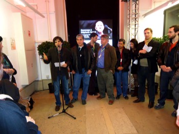  Chappatte ouvre l’expo du Festival du film et forum international sur les droits humains à Genève, avec en guest stars les dessinateurs Alecus (Salvador), McDonald (Honduras) et Fo (Guatemala) – Genève, 4 mars 2013 